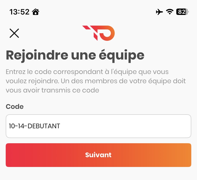 Champ de saisie du code de groupe dans l'application Team Pulse