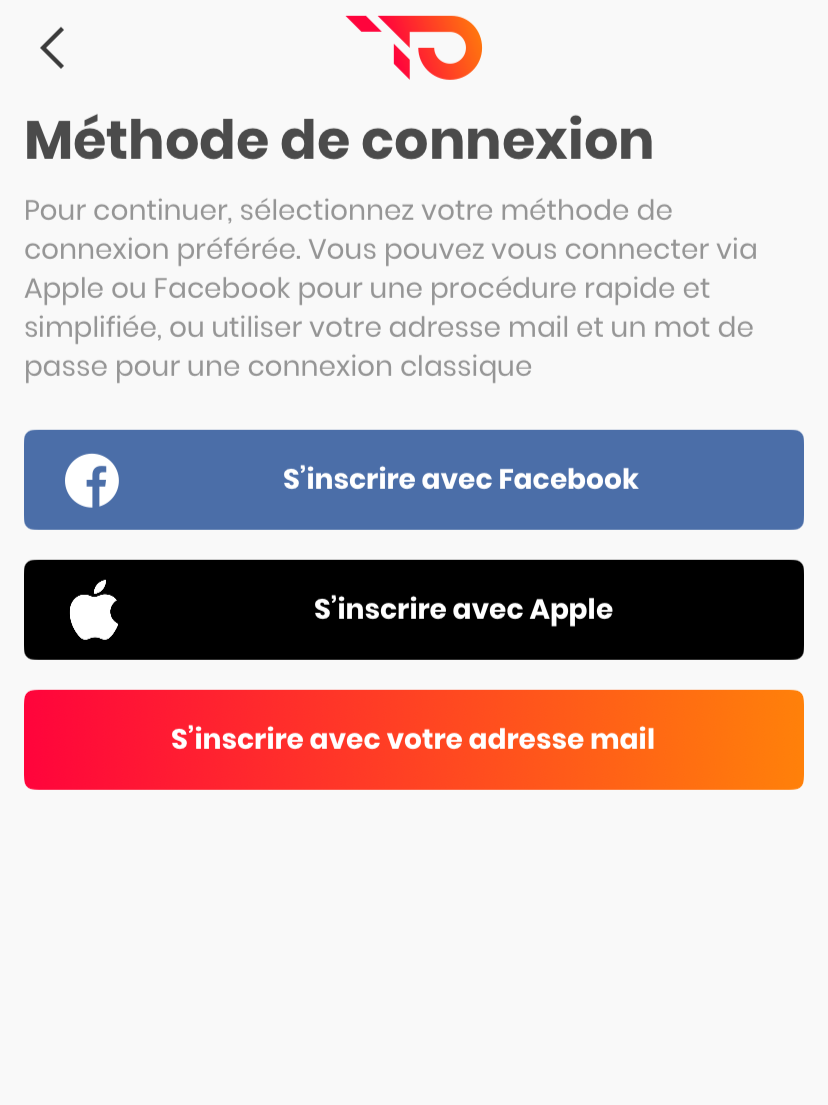 Écran de sélection de la méthode de connexion (email, Google, Apple…)