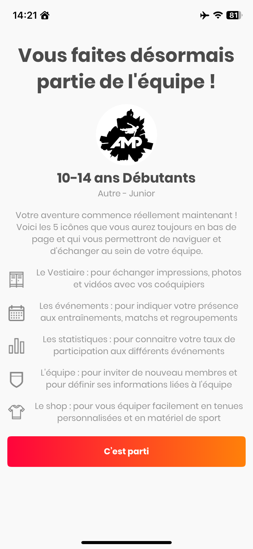 Écran récapitulatif de présentation de l'application Team Pulse après validation